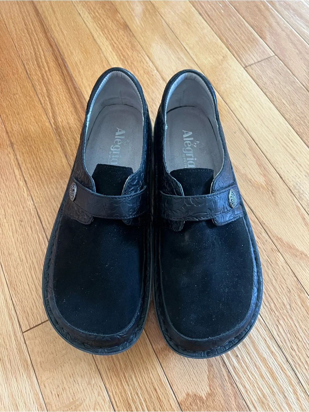Alegria Black Suede Slip-On Flats with Decorative Strap